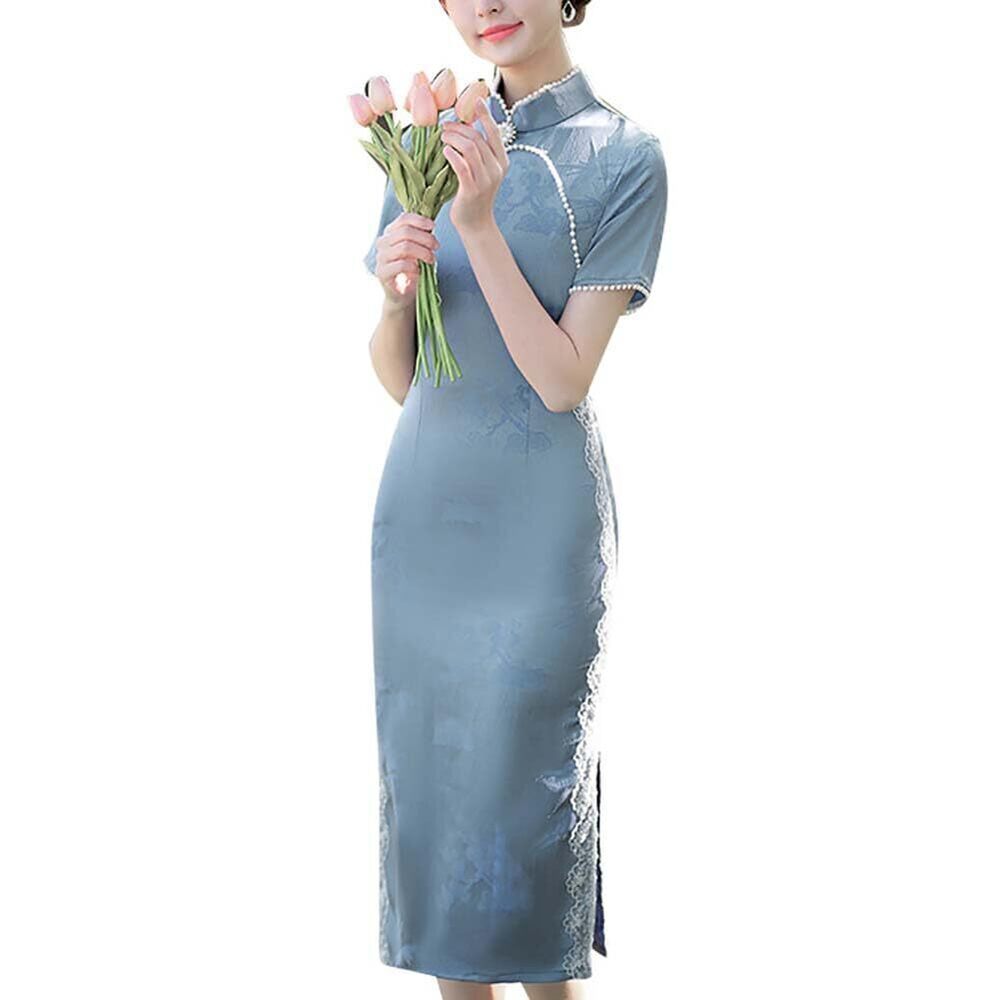 1209 Vintage Cheongsam Costume Traditional Mandarin Collar Side Slit Slim